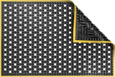 ESD Anti-Fatigue Floor Mat with Holes & 2,5 cm Yellow Bevel | Nitrile Conductive ESD | Black | 90 x 300 cm | Grounding Cord + Snap (15')